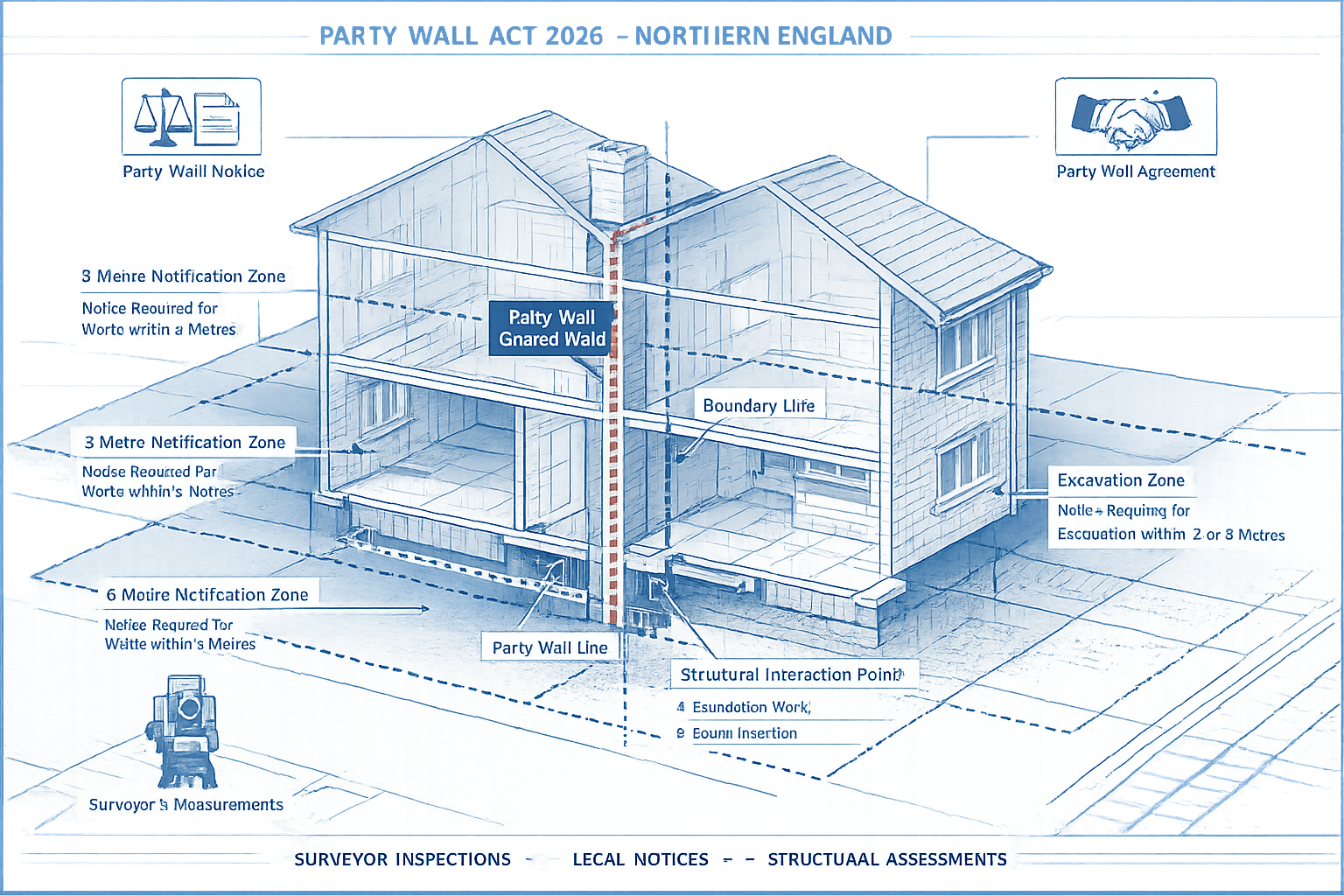 Technical architectural visualization depicting the Party Wall Act framework for Northern England's 2026 construction landscape. Cutaway dia