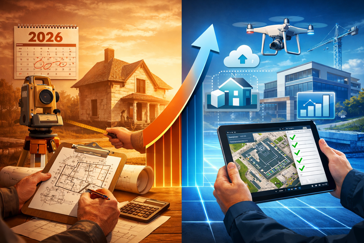 () image showing professional surveyor's workflow transformation with split-screen composition: left side displays