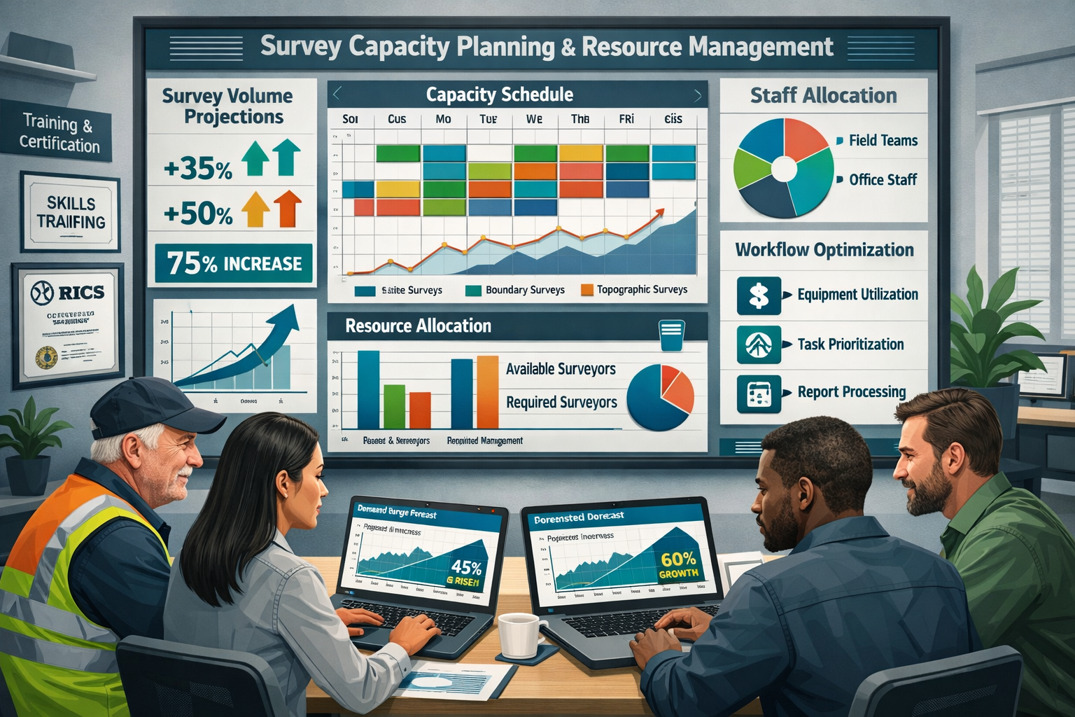 () detailed infographic-style image depicting surveyor capacity planning and resource management. Central focus on large