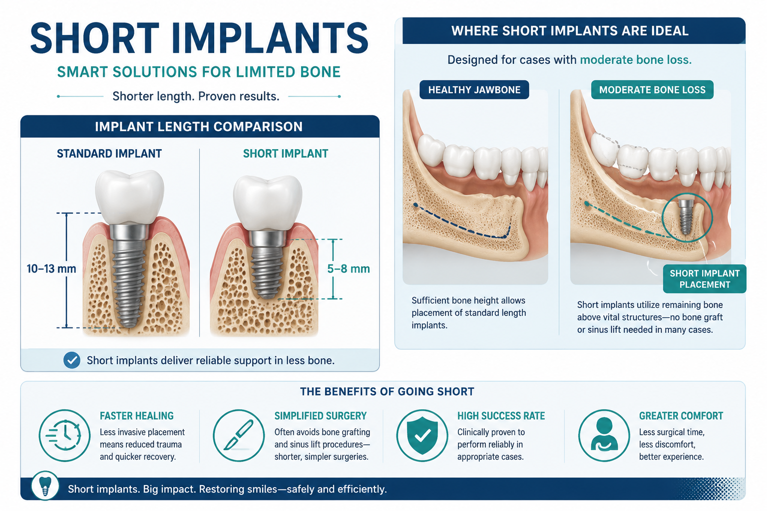 An explanatory graphic detailing the concept of 'short implants' for dental applications. The image should feature a