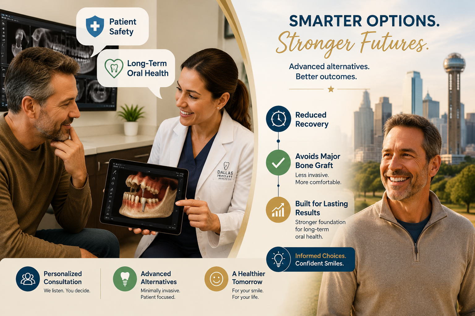 A composite image illustrating the patient consultation and decision-making process for bone graft alternatives. One side