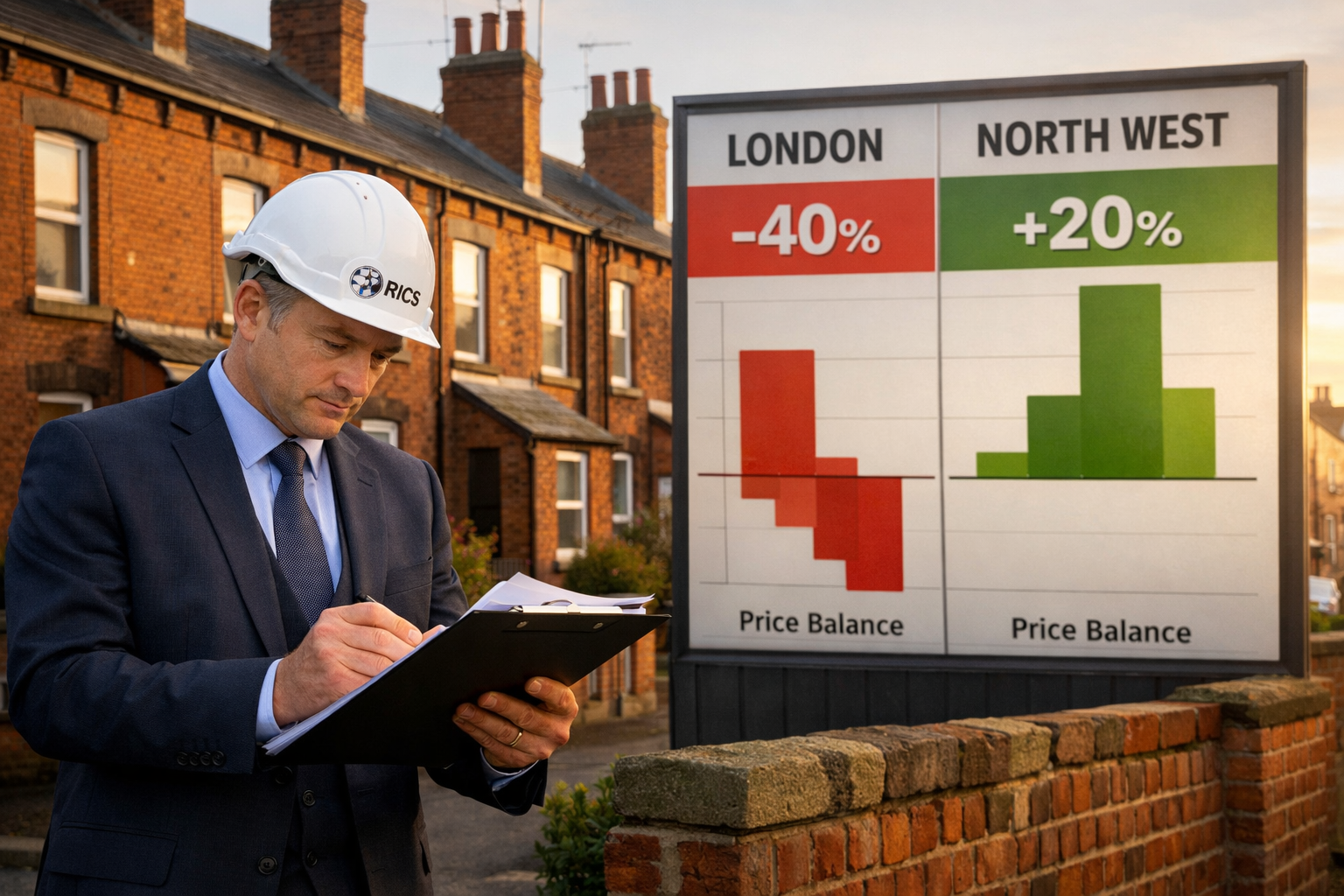 Wide-angle editorial photograph of a professional RICS-accredited surveyor in a hard hat and suit reviewing a clipboard with