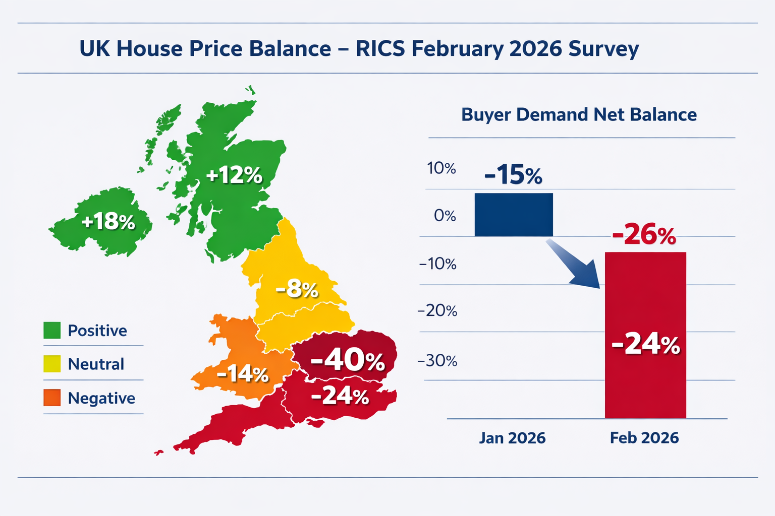 Detailed data visualization infographic in () showing a UK regional heat map with color-coded price balance figures from