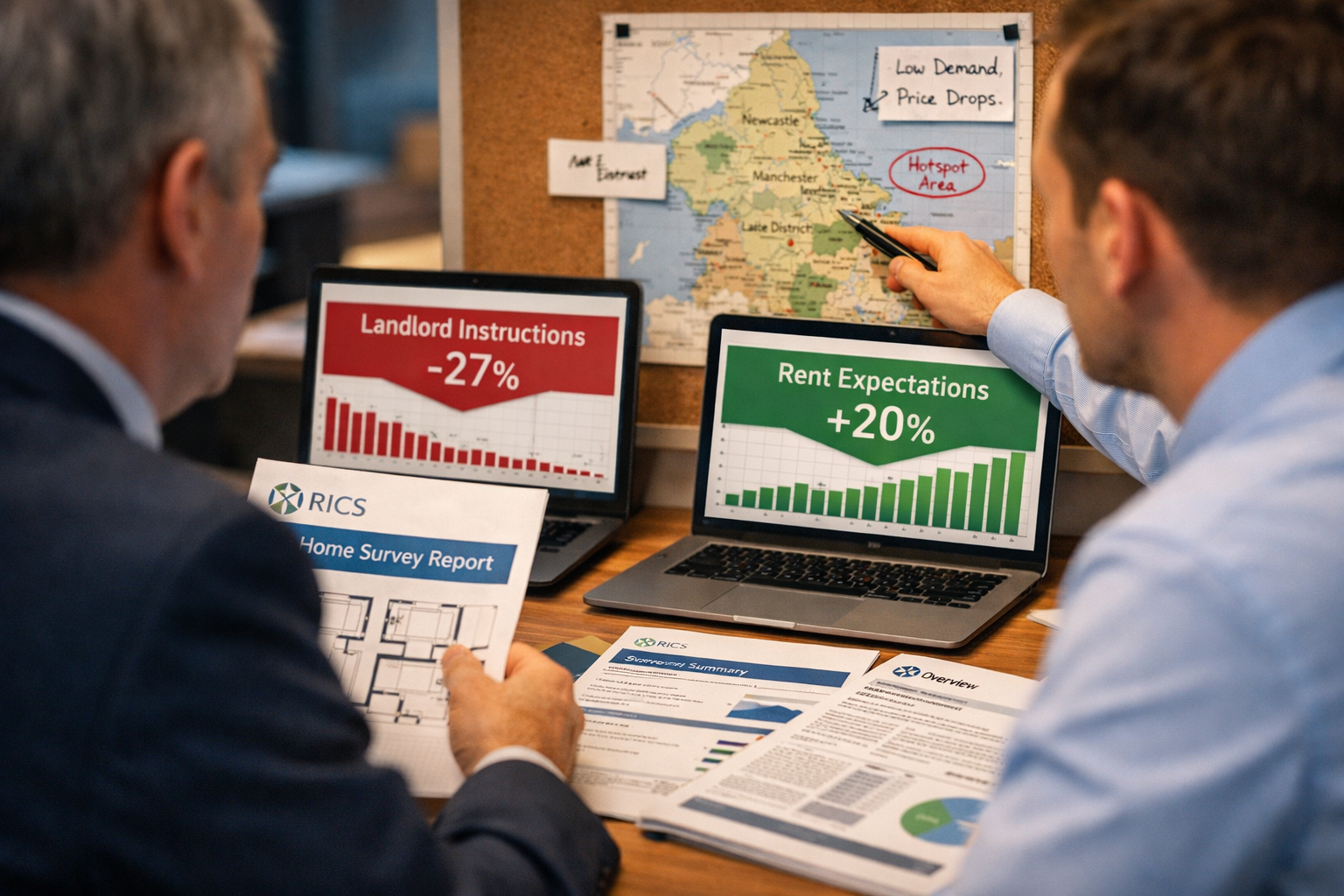 Close-up editorial image of two property surveyors at a desk in a modern office reviewing printed RICS survey reports and