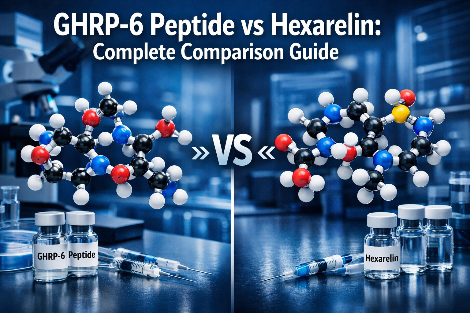 Professional landscape hero image (1536x1024) featuring bold text overlay 'GHRP-6 Peptide vs Hexarelin: Complete Comparison Guide' in extra 
