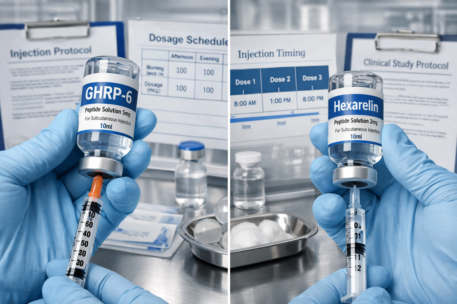 Professional research laboratory scene (1536x1024) focusing on peptide administration and dosing protocols. Split screen showing injection v