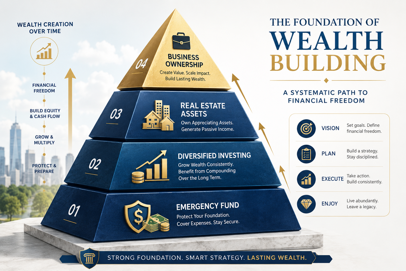 () conceptual illustration showing the foundation of wealth building with a solid pyramid structure made of financial