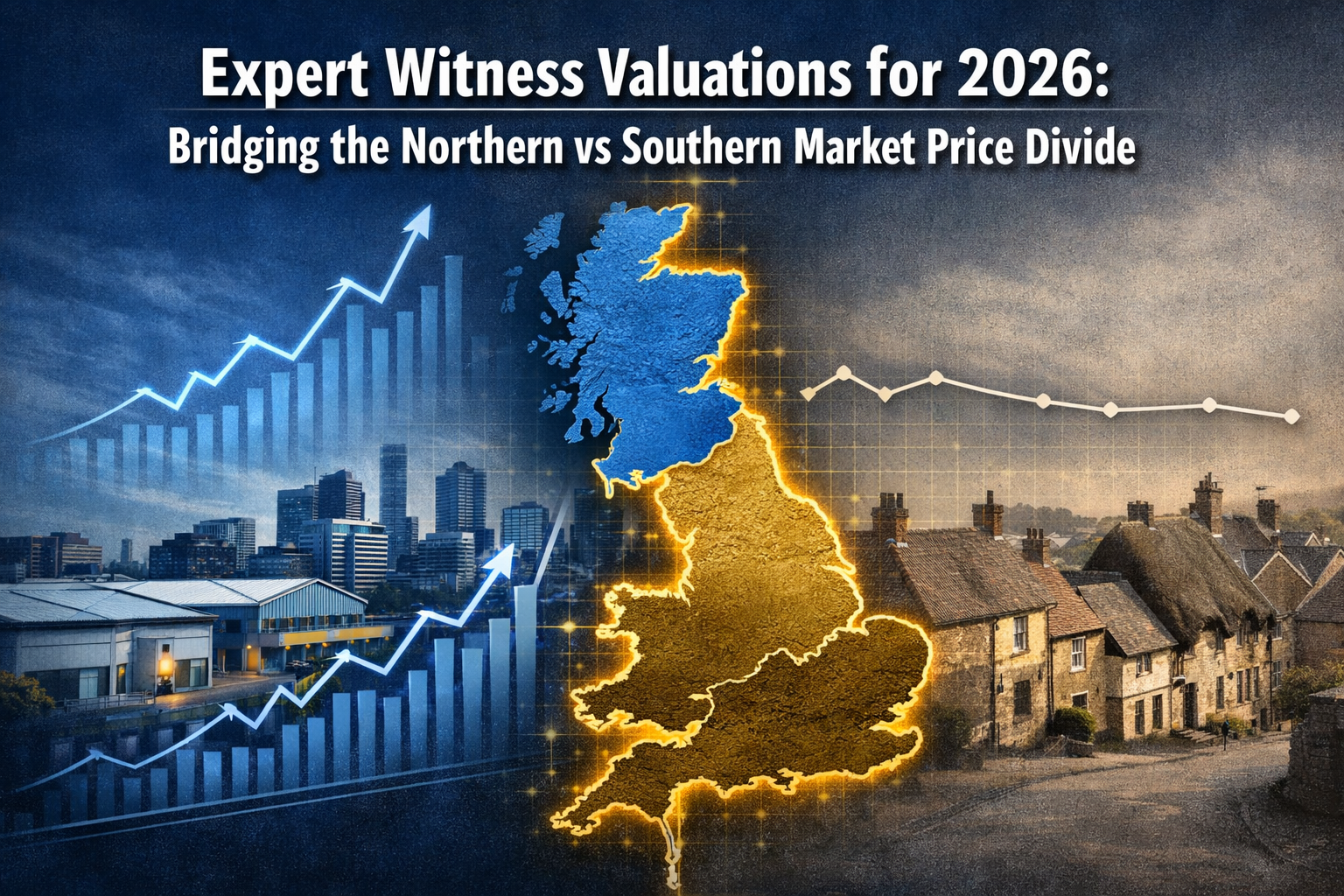 Professional landscape format (1536x1024) hero image with bold text overlay: 'Expert Witness Valuations for 2026: Bridging the Northern vs S