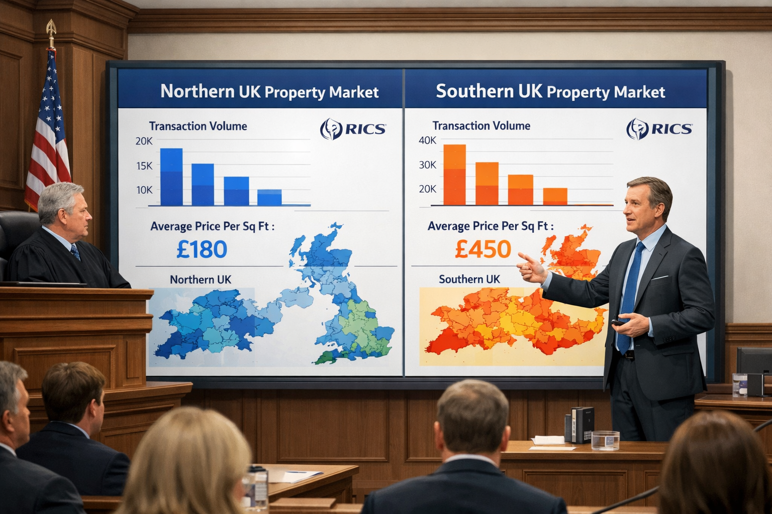 Detailed landscape format (1536x1024) illustration showing courtroom scene with expert witness presenting property valuation evidence on lar