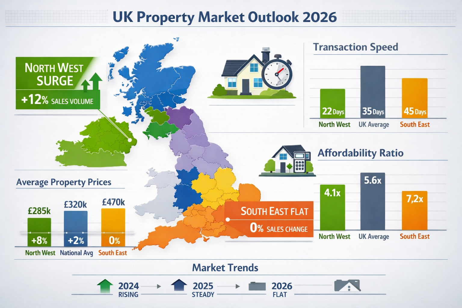 Detailed landscape format (1536x1024) infographic-style image showing UK map with color-coded regions representing property market performan