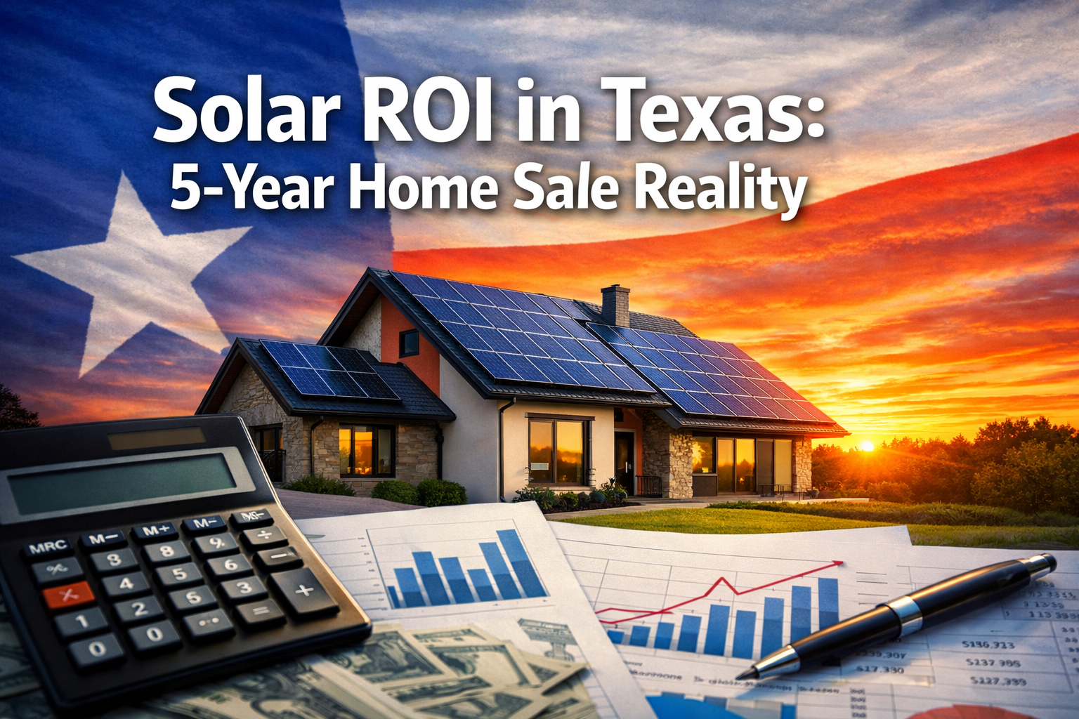 Professional () hero image with 'Solar ROI in Texas: 5-Year Home Sale Reality' in extra large white with dark , positioned