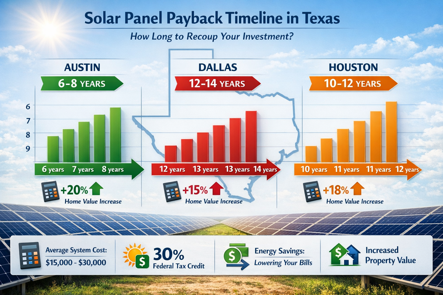 () detailed infographic showing solar panel payback timeline chart for Texas regions, with bar graphs comparing Austin (6-8