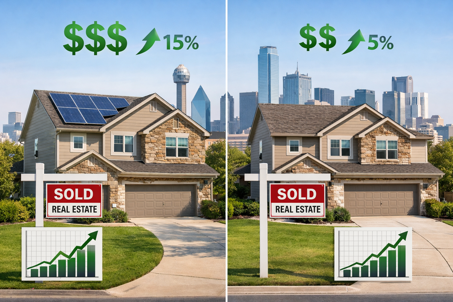 () split-screen comparison showing house with solar panels vs house without, dollar signs and percentage increases floating