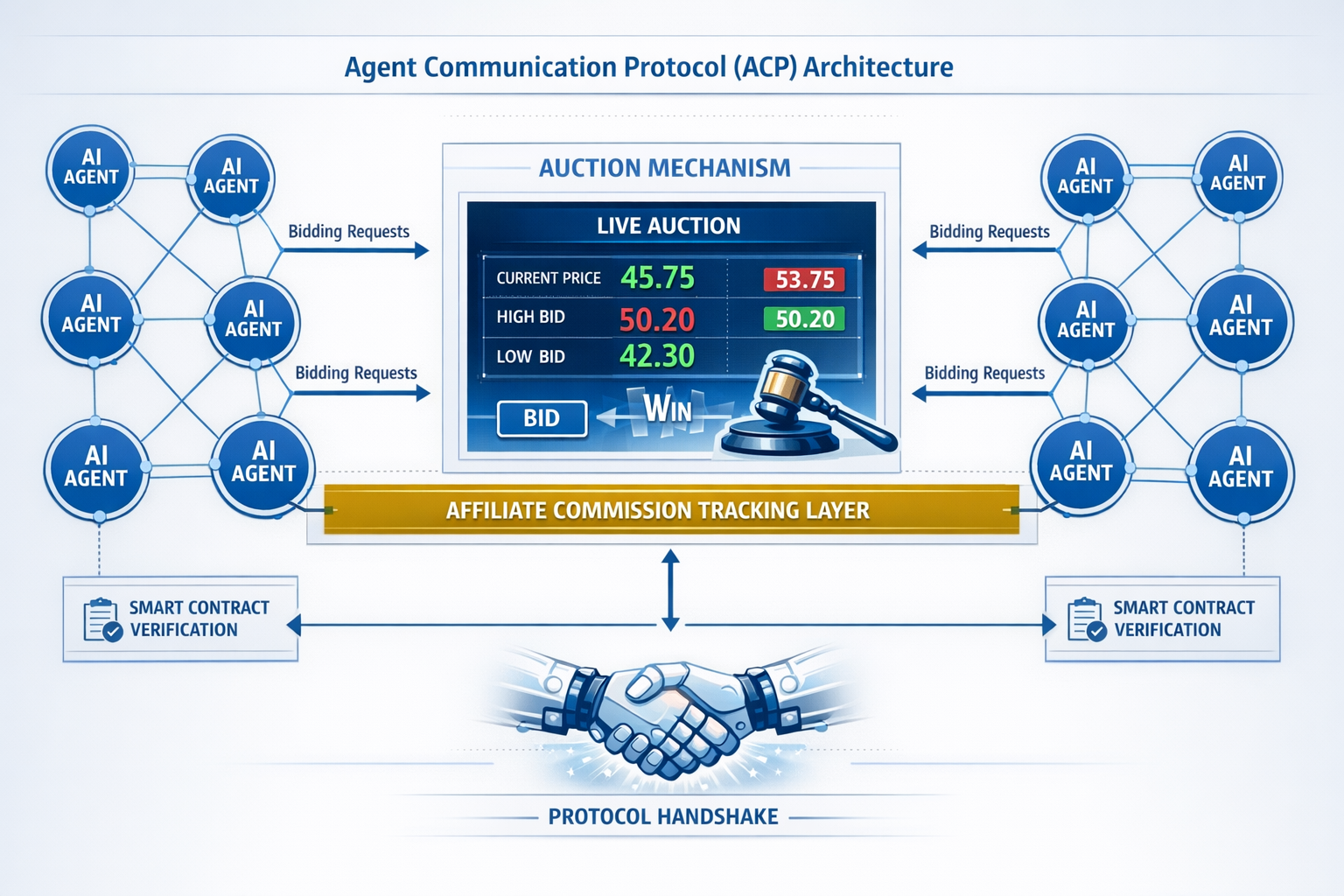 () detailed infographic showing Agent Communication Protocol (ACP) architecture with labeled components: AI agents as