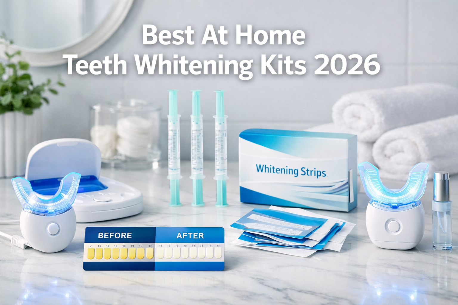 Professional () hero image featuring 'Best At Home Teeth Whitening Kits 2026' in extra large white with subtle , centered in