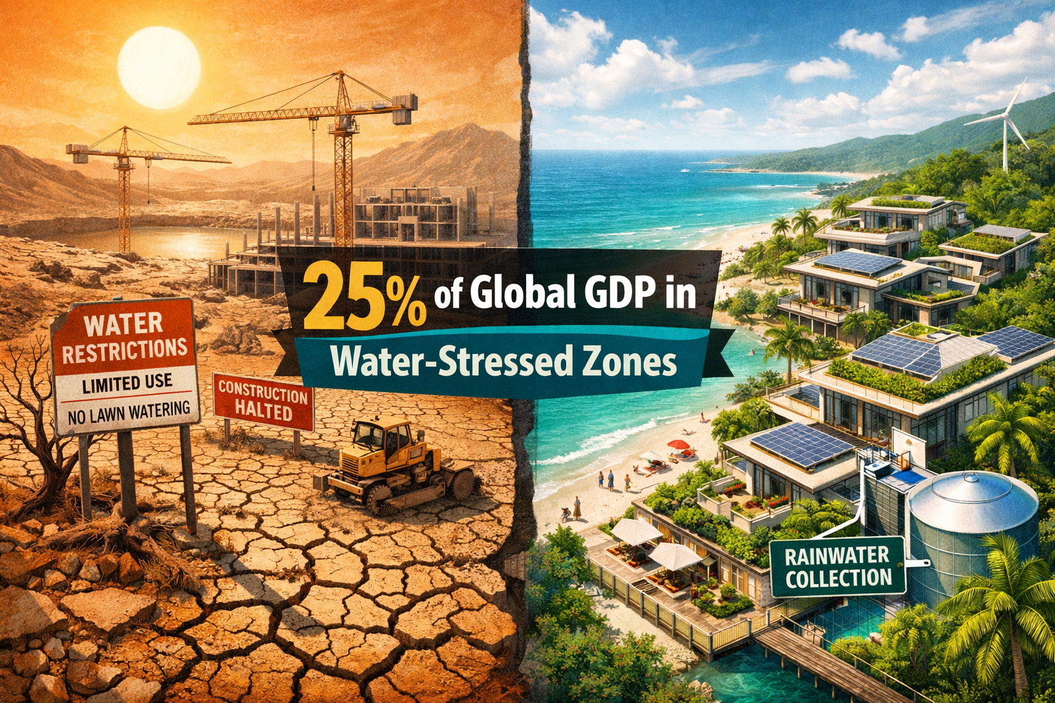 Aerial perspective () infographic-style image showing a split-scene comparison: left side depicts a drought-stressed inland