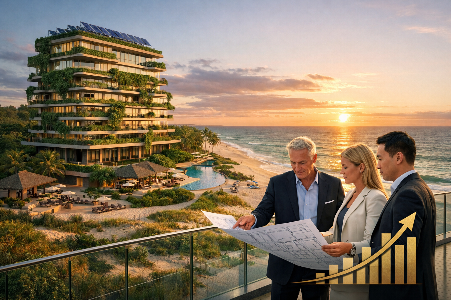 Architectural visualization () showing a cutting-edge eco-luxury beachfront development rendered in photorealistic 3D: a