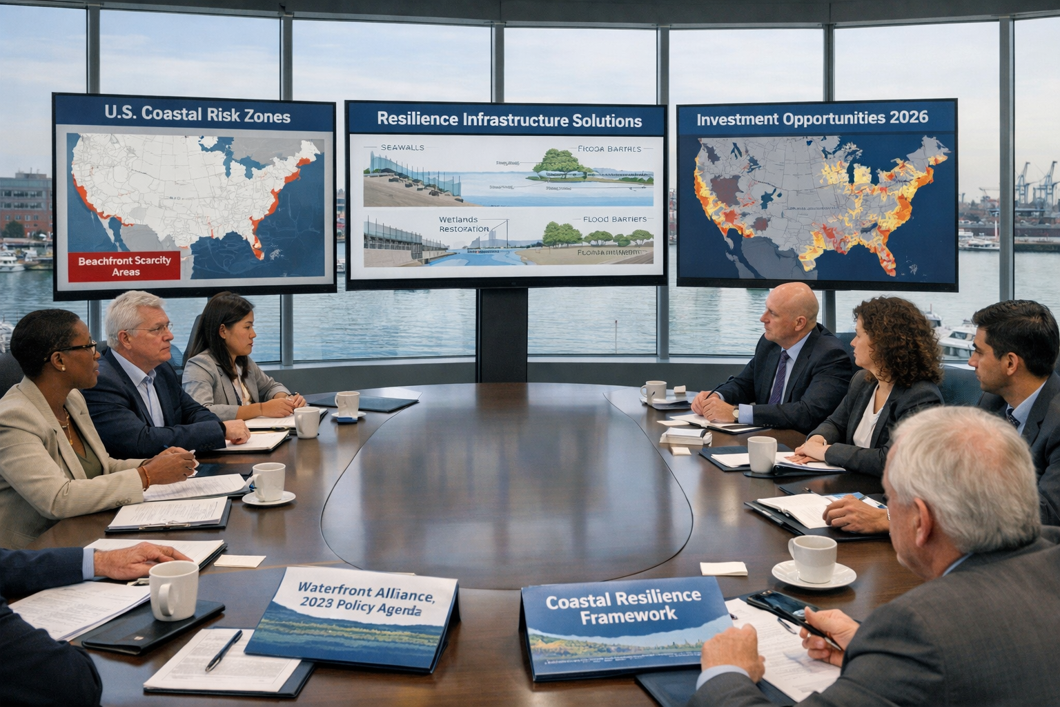 Ground-level editorial photograph () of a coastal policy summit in session: diverse urban planners, environmental engineers,