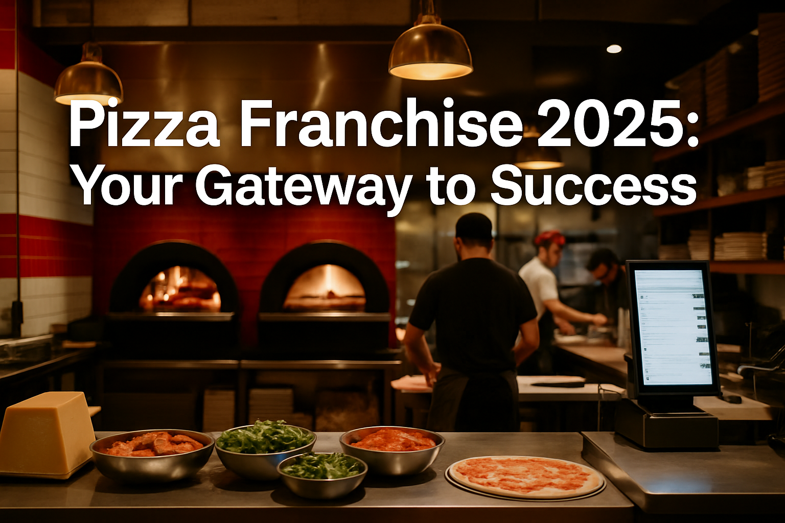 Professional landscape hero image (1536x1024) featuring bold text overlay 'Pizza Franchise 2025: Your Gateway to Success' in extra large 72p