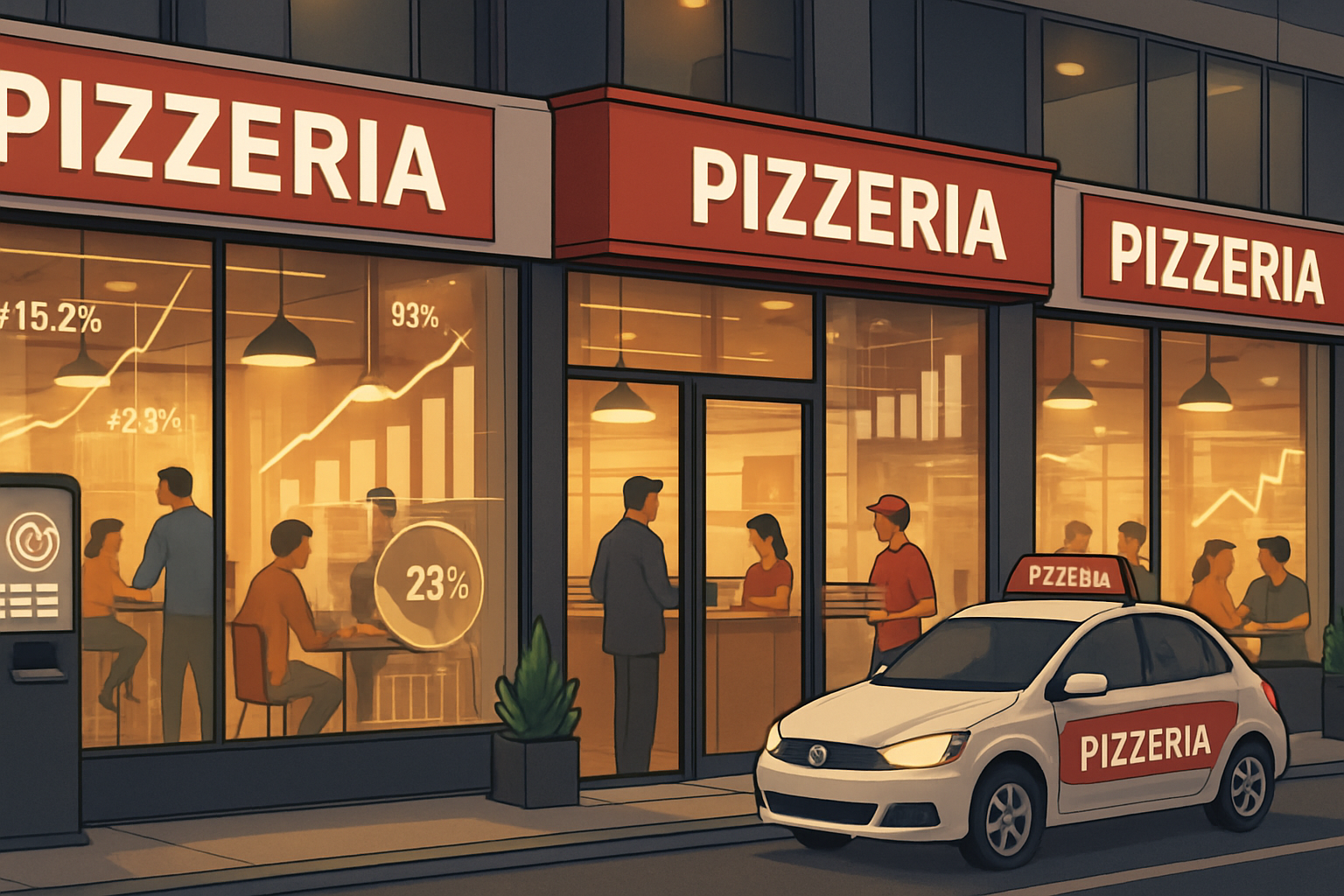 Modern pizzeria franchise landscape showing multiple branded locations with consistent signage, busy customers, delivery vehicles, and digit