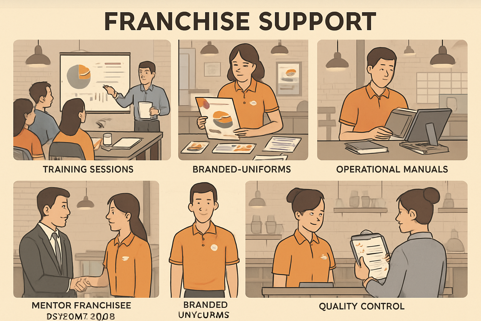 Detailed franchise support visualization showing training sessions, marketing materials, operational manuals, and technology systems. Includ