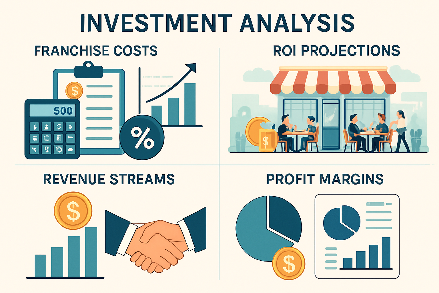 Investment analysis infographic displaying franchise costs, ROI projections, revenue streams, and profit margins. Show calculator, financial