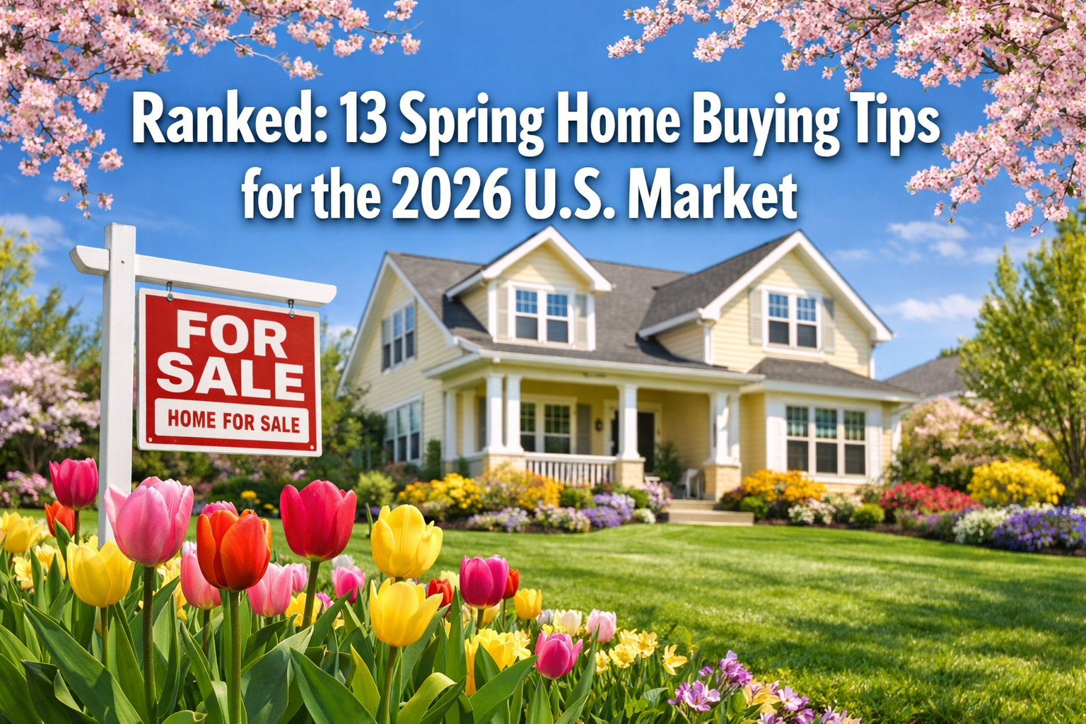 Professional landscape format (1536x1024) hero image with bold text overlay 'Ranked: 13 Spring Home Buying Tips for the 2026 U.S. Market' in
