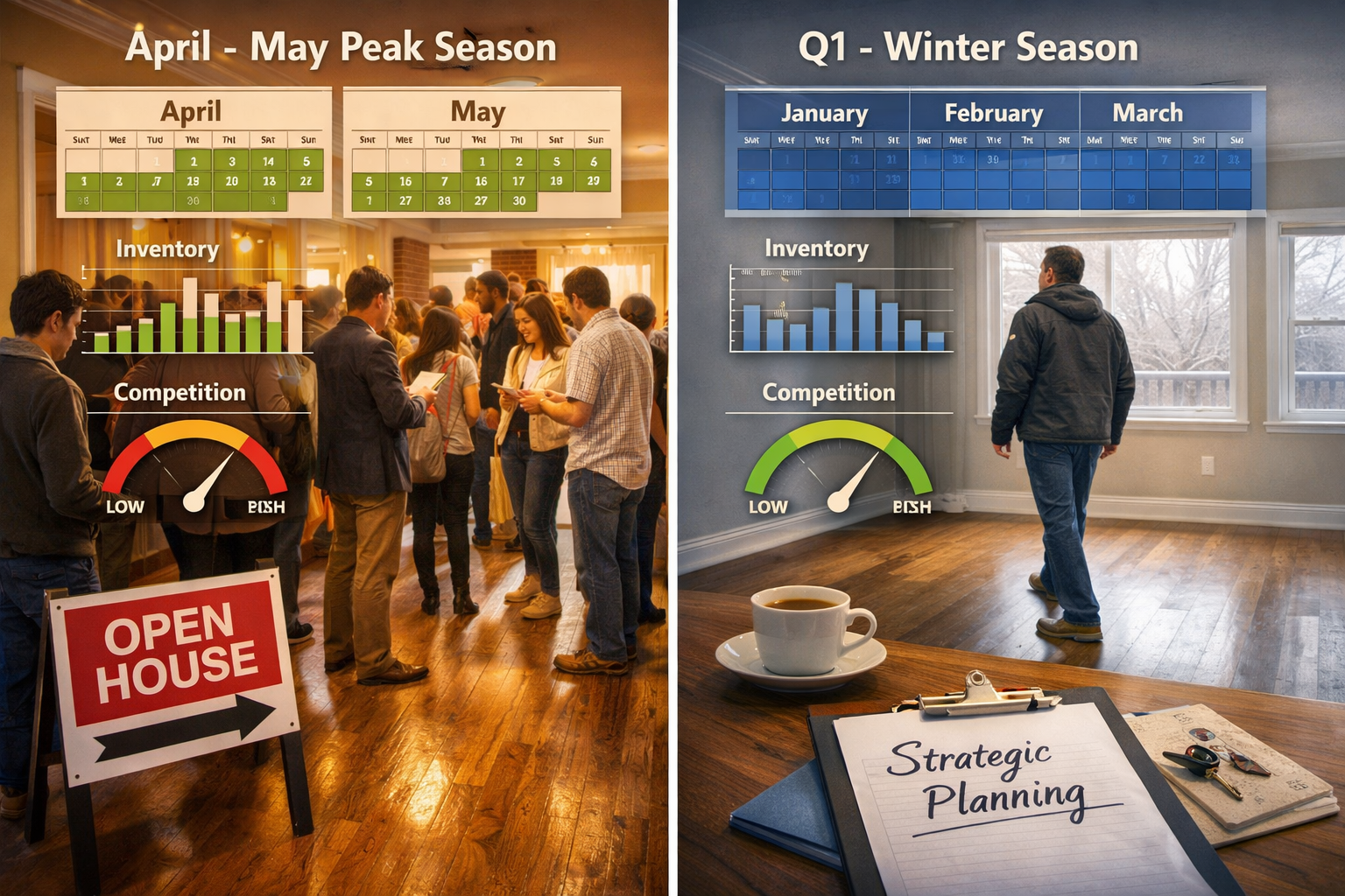 Landscape format (1536x1024) split-screen comparison image showing spring home buying seasons, left side April-May peak season with multiple