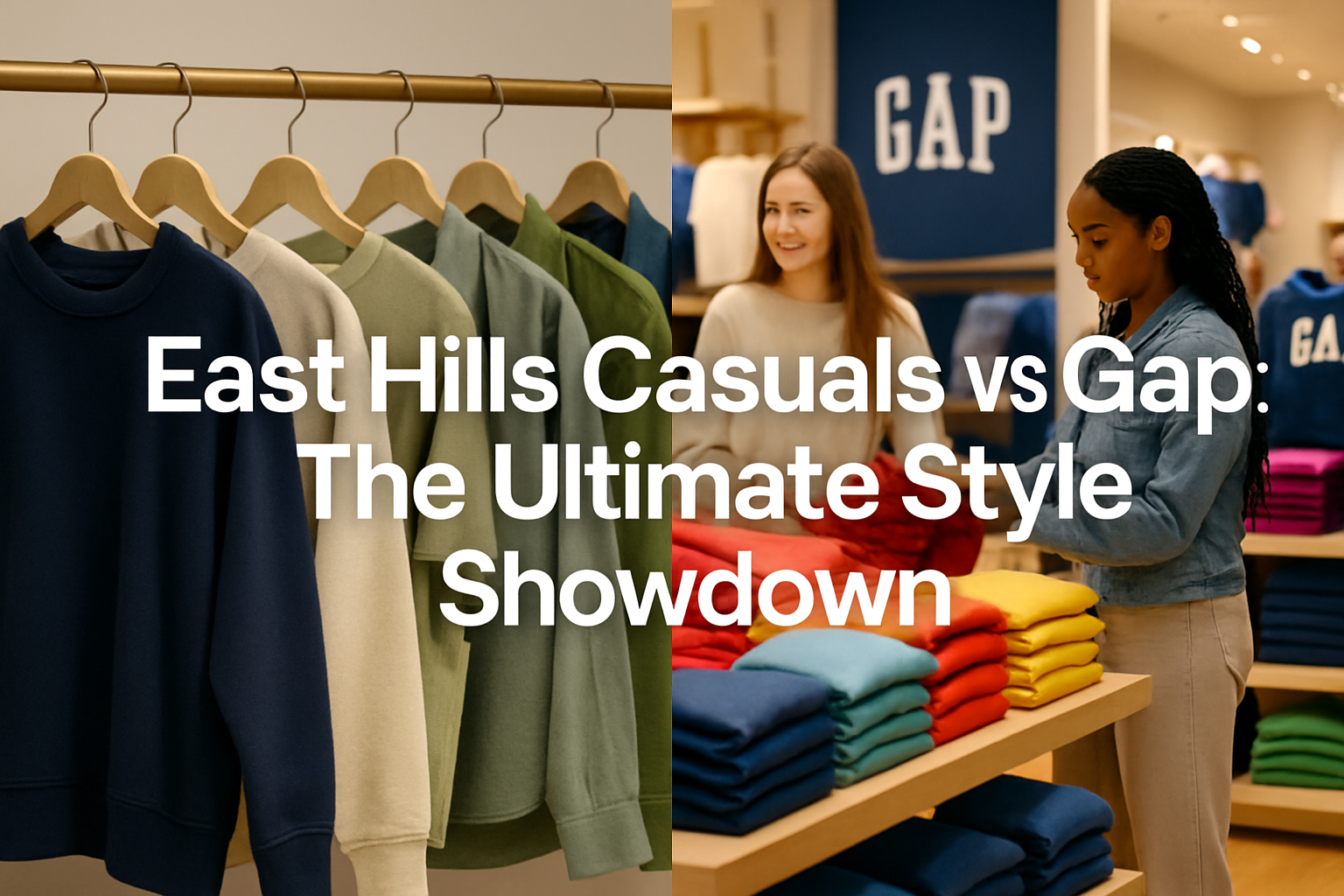 Professional landscape hero image (1536x1024) featuring bold text overlay 'East Hills Casuals vs Gap: The Ultimate Style Showdown' in extra