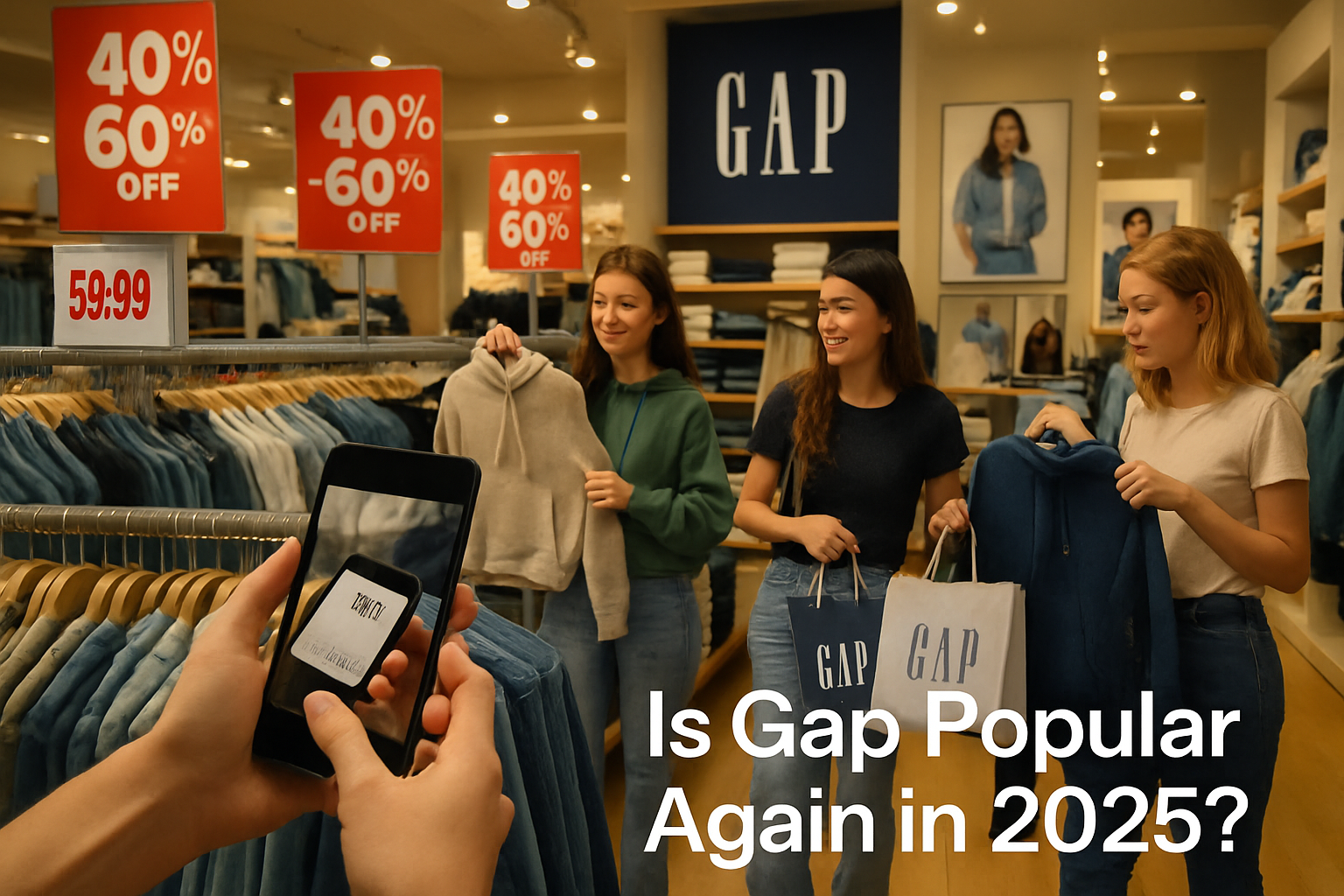 Detailed landscape editorial image (1536x1024) showing Gap outlet store interior with prominent sale signage displaying 40-60% off deals, yo