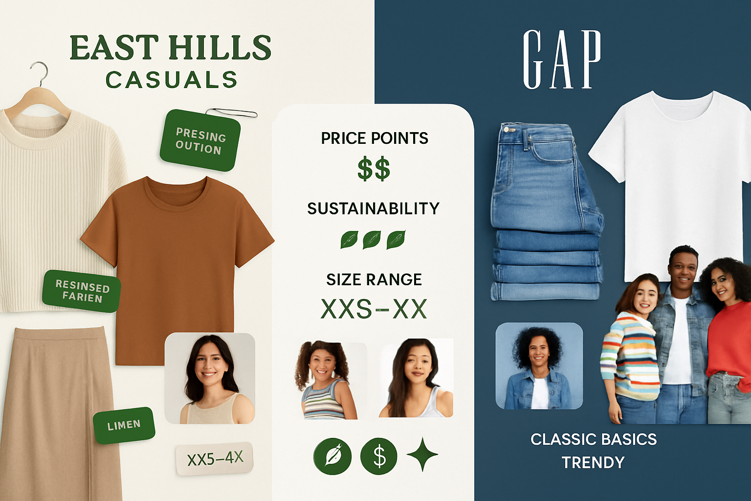 Detailed landscape comparison infographic image (1536x1024) showing side-by-side visual comparison between East Hills Casuals and Gap fashio
