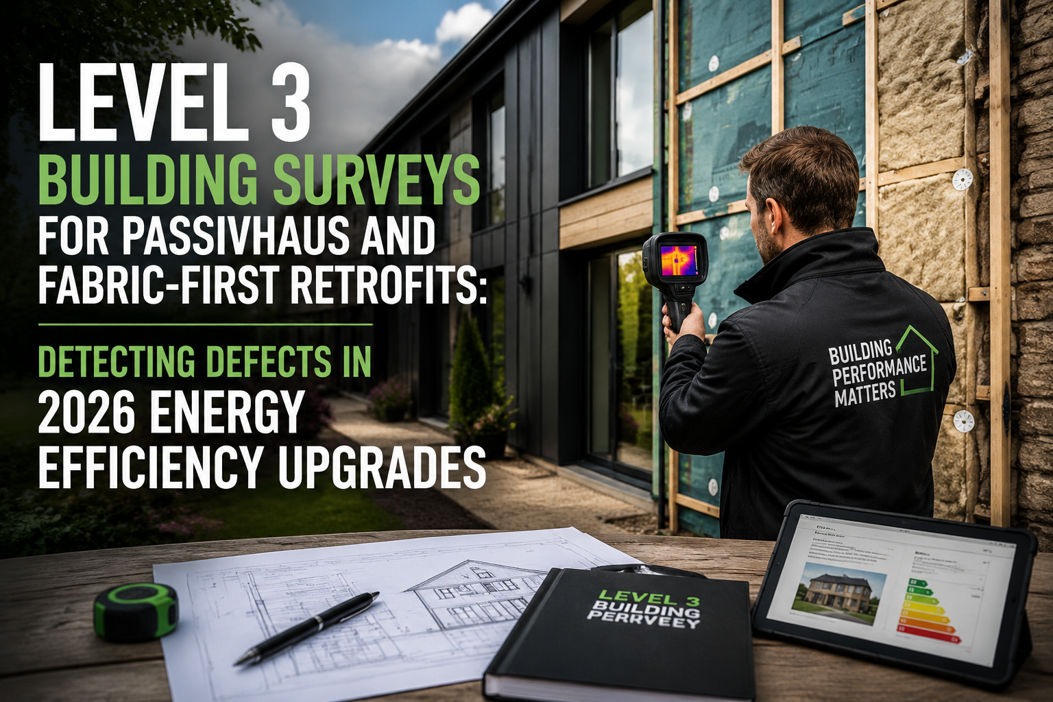 Professional landscape hero image () with : "Level 3 Building Surveys for Passivhaus and Fabric-First Retrofits: Detecting
