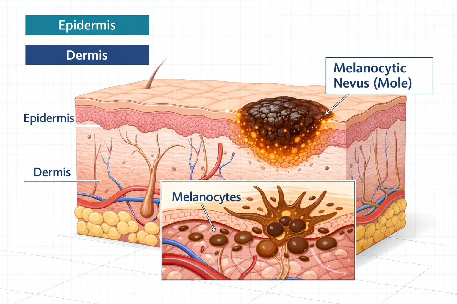 () editorial illustration showing a close-up anatomical cross-section diagram of skin layers with a melanocytic nevus (mole)