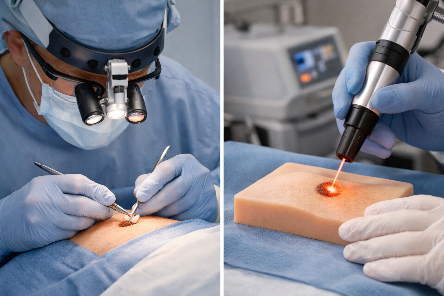 () showing a split-scene comparison: on the left, a surgeon performing a shave excision under bright surgical lighting with