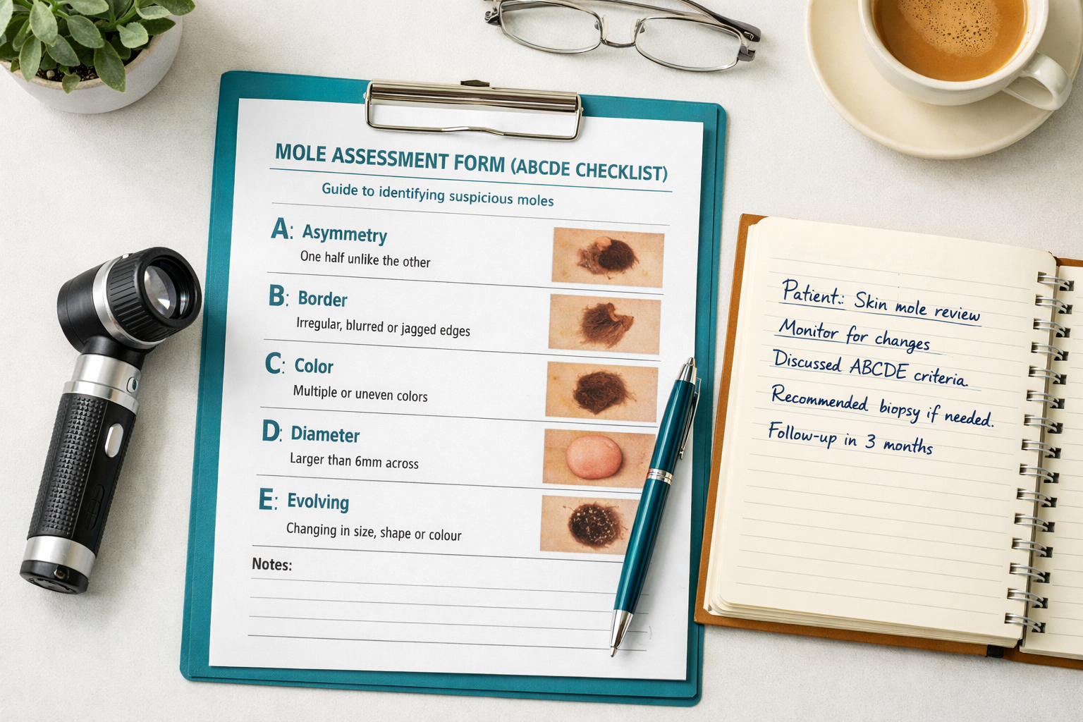 () overhead flat-lay of a patient consultation desk with a printed mole assessment form using the ABCDE checklist, a