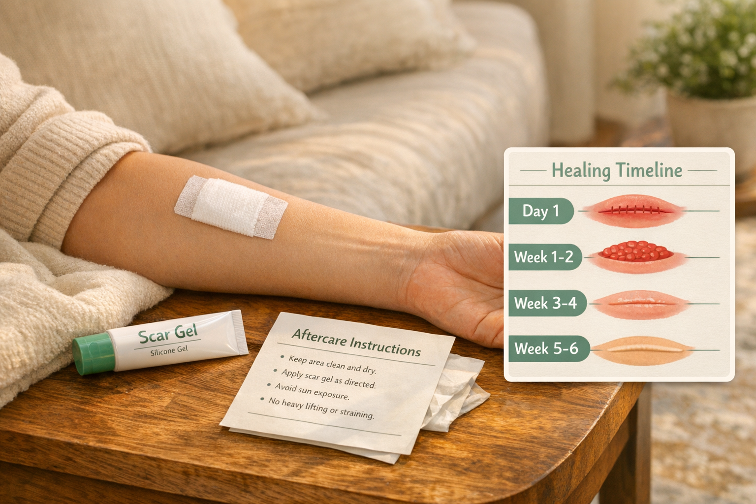 () post-procedure recovery scene: a patient's forearm with a small, neatly bandaged area, a tube of silicone scar gel and