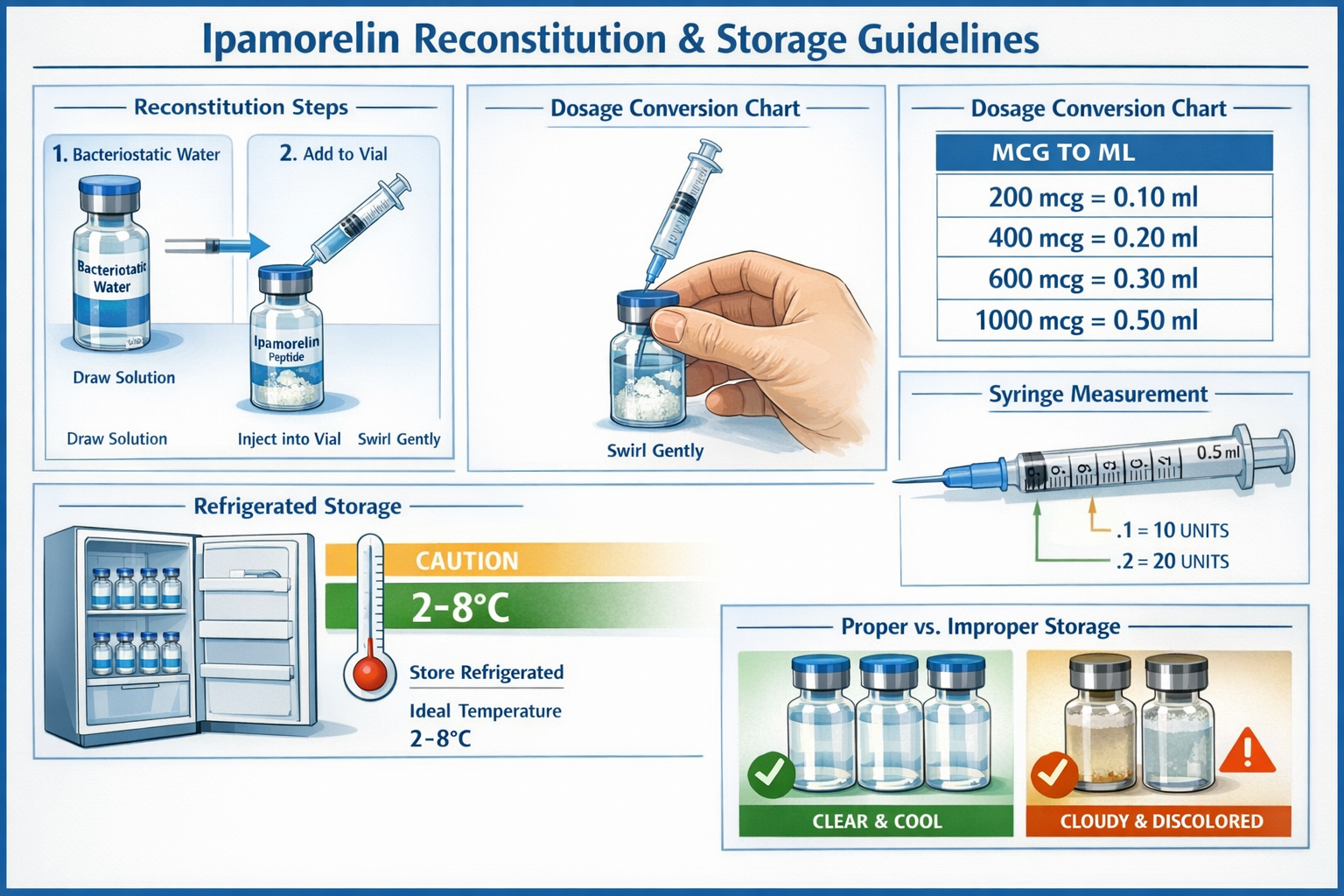 Scientific visualization displaying Ipamorelin reconstitution and storage guidelines, featuring step-by-step visual process of bacteriostati