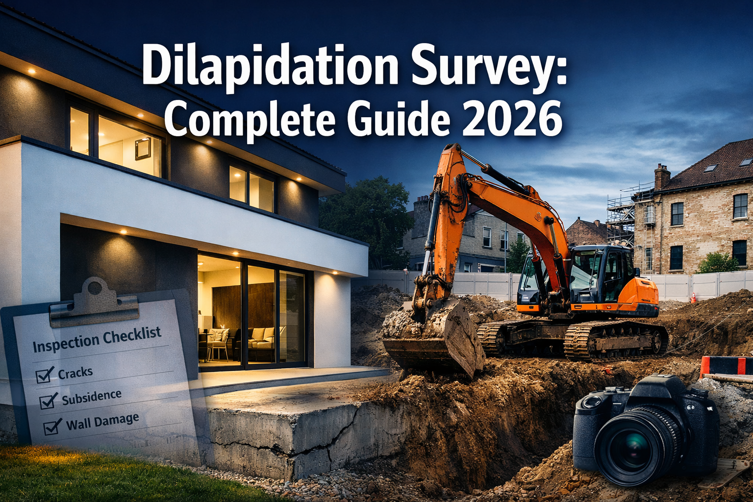Professional landscape format (1536x1024) hero image featuring bold text overlay 'Dilapidation Survey: Complete Guide 2026' in extra large 7