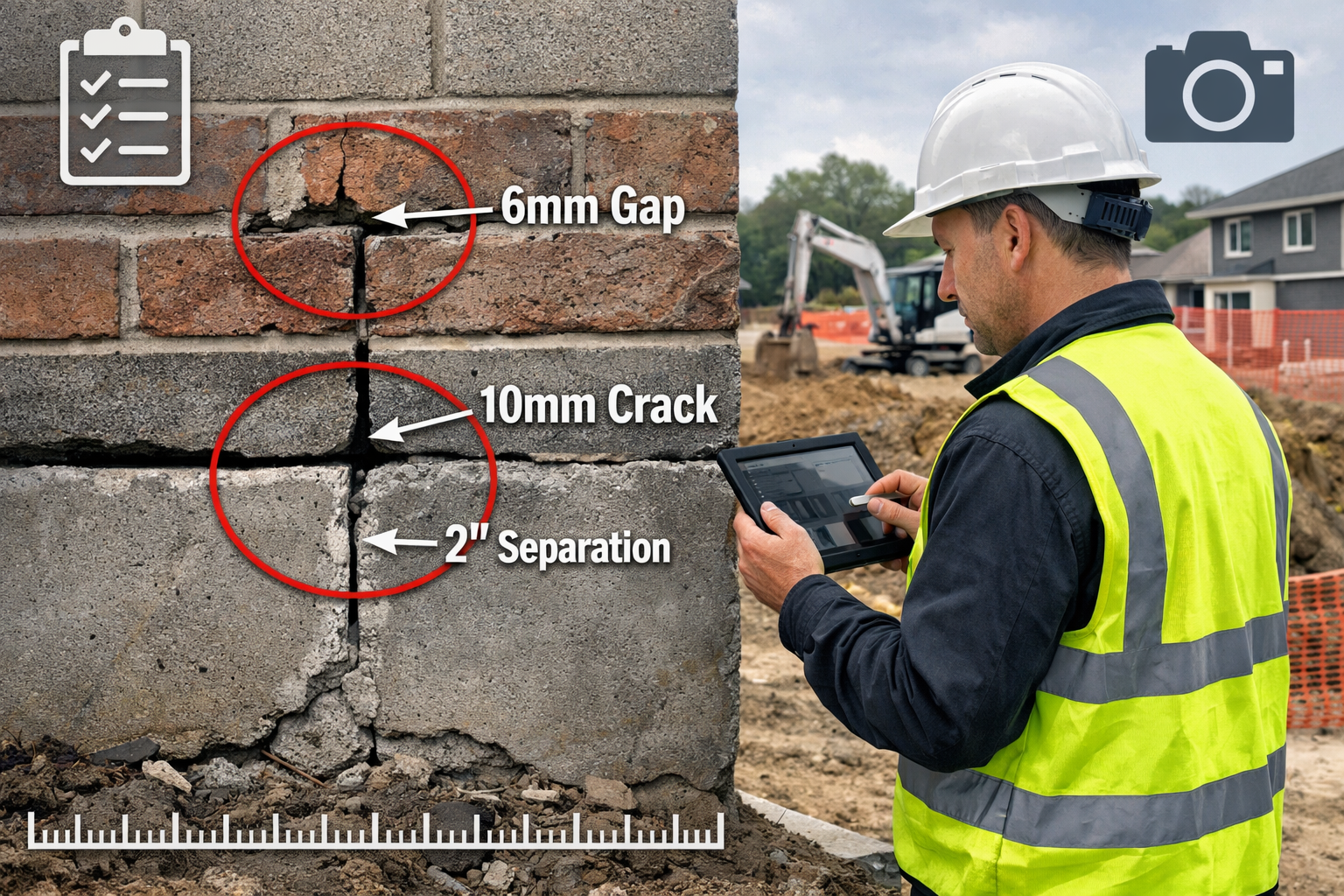 Landscape format (1536x1024) detailed illustration showing professional surveyor in high-visibility vest conducting property inspection with