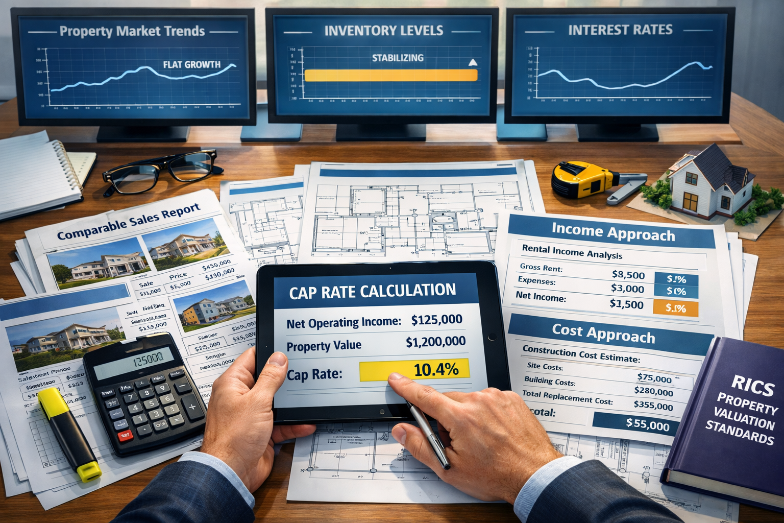 () detailed illustration showing comparative property valuation methodology workspace. Central focus on large desk with