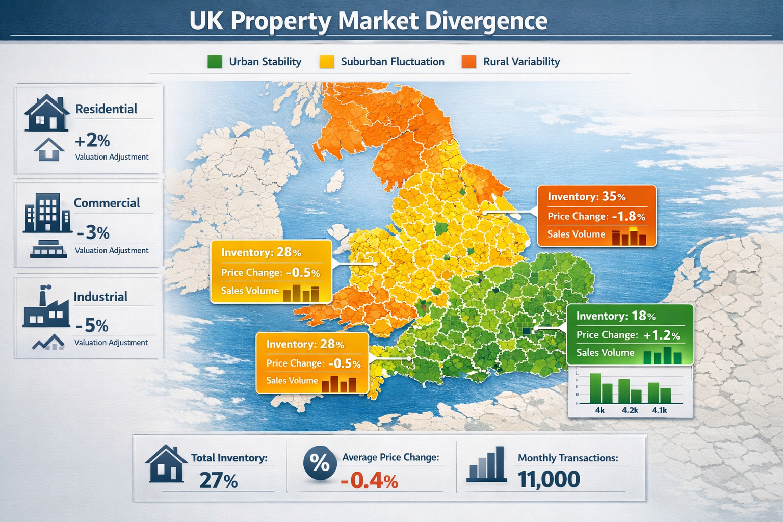 () detailed infographic-style visualization showing regional property market divergence across UK map. Map divided into