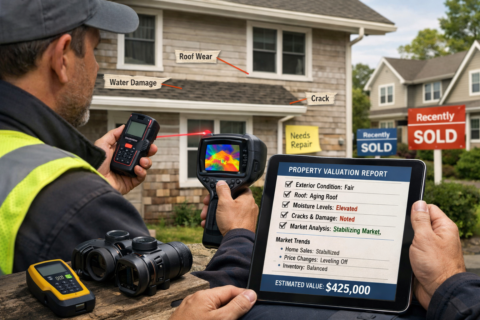 () close-up scene of professional property surveyor conducting on-site assessment in stabilizing market. Foreground shows