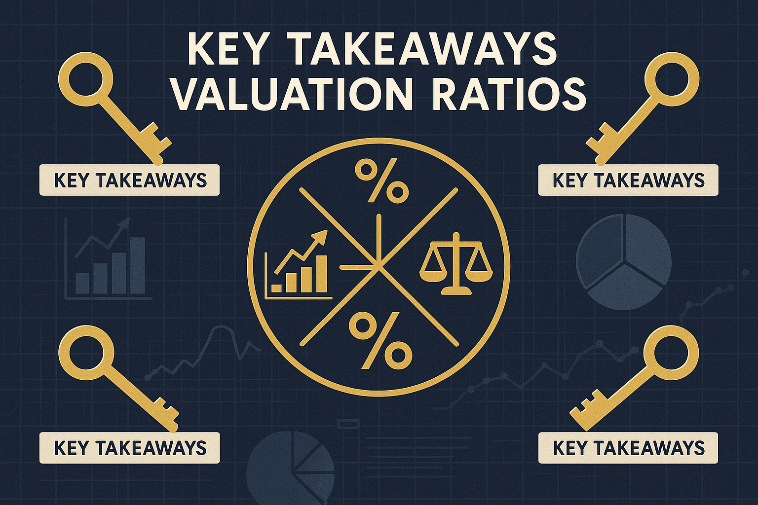 Infographic-style visualization with multiple golden key icons representing 'Key Takeaways' for valuation ratios, overlaid on a clean financ