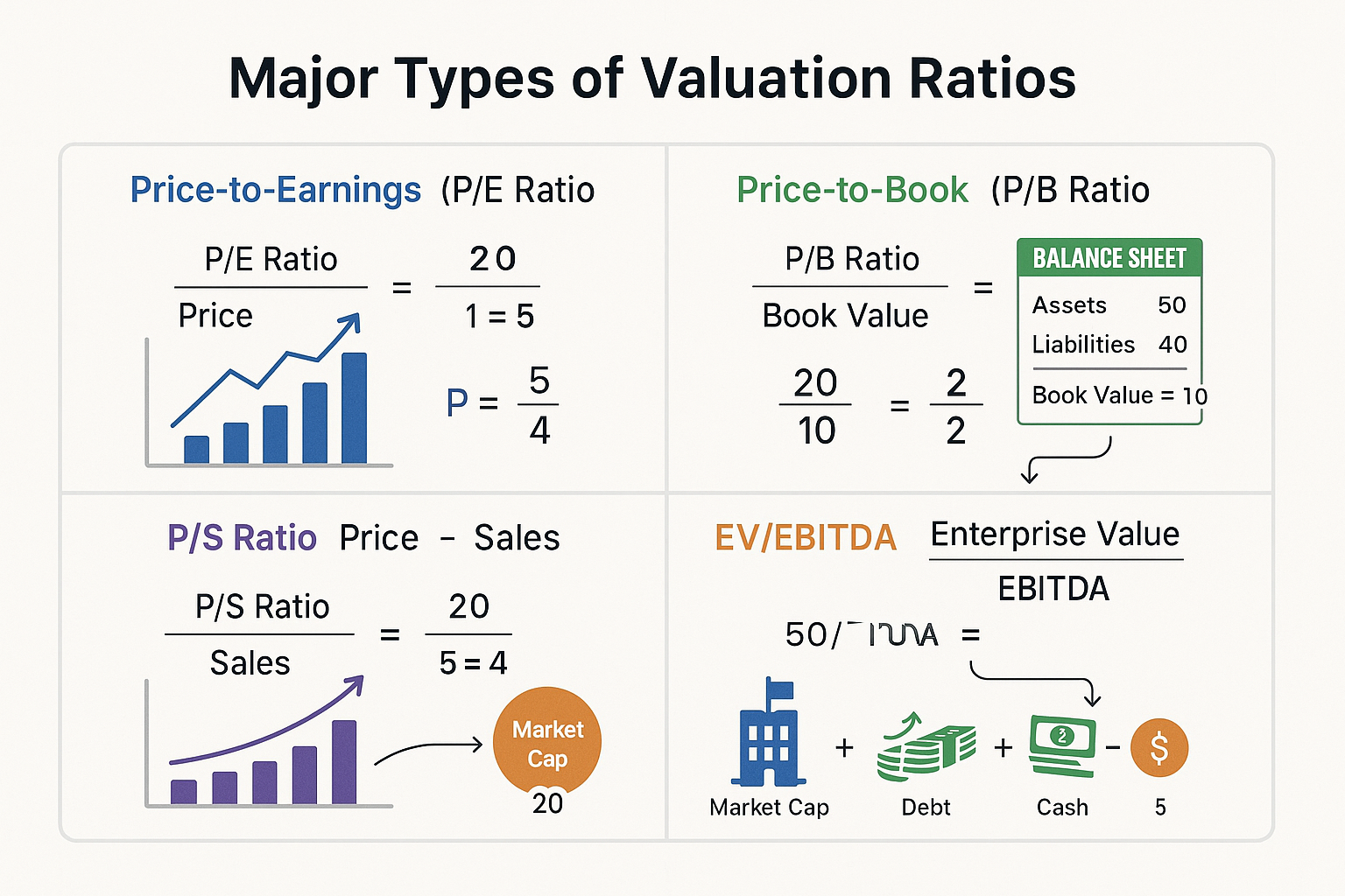 Professional landscape chart comparison (1536x1024) titled 'Major Types of Valuation Ratios' showing four distinct sections in grid layout. 