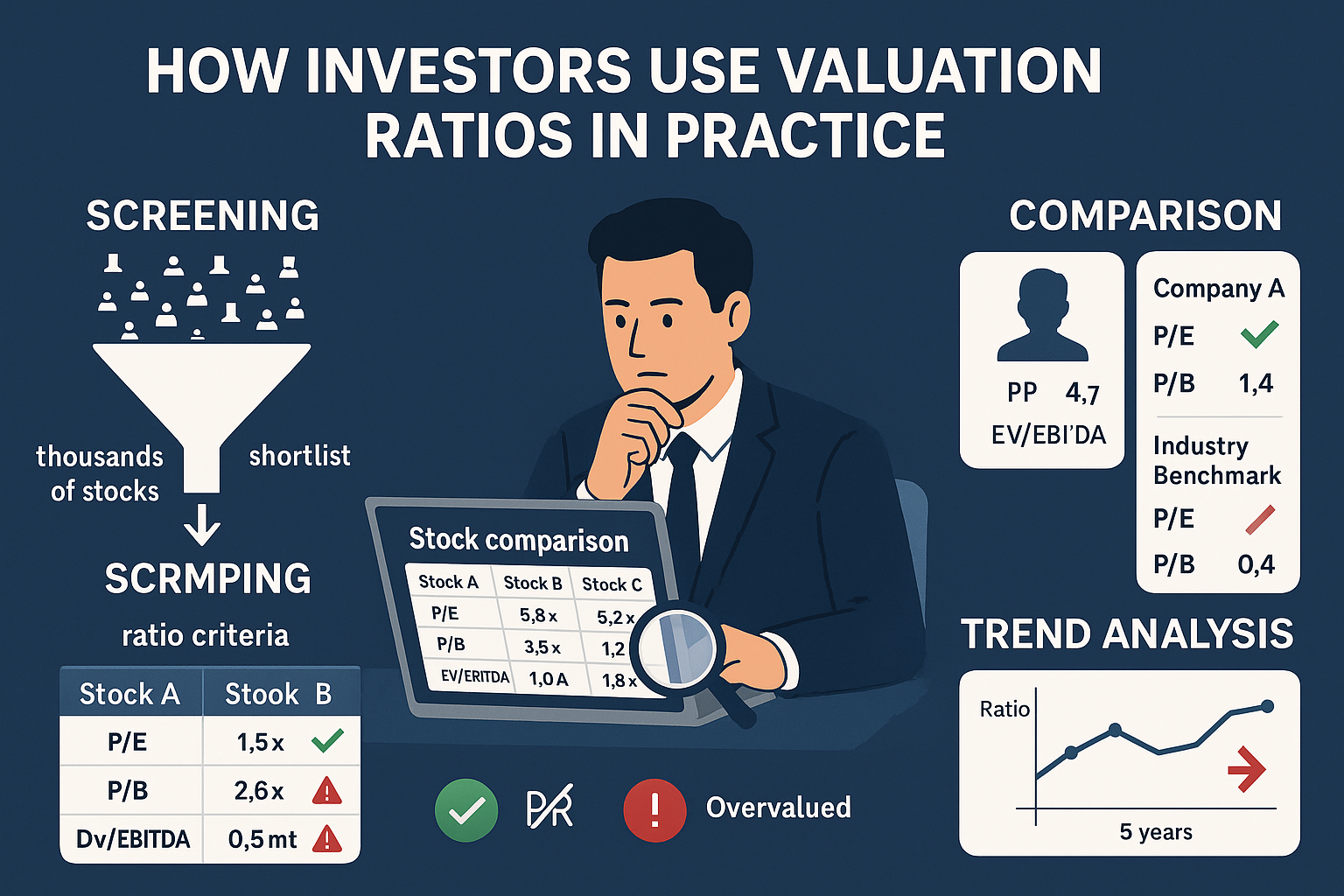 Landscape educational illustration (1536x1024) showing 'How Investors Use Valuation Ratios in Practice' with investor decision-making flowch