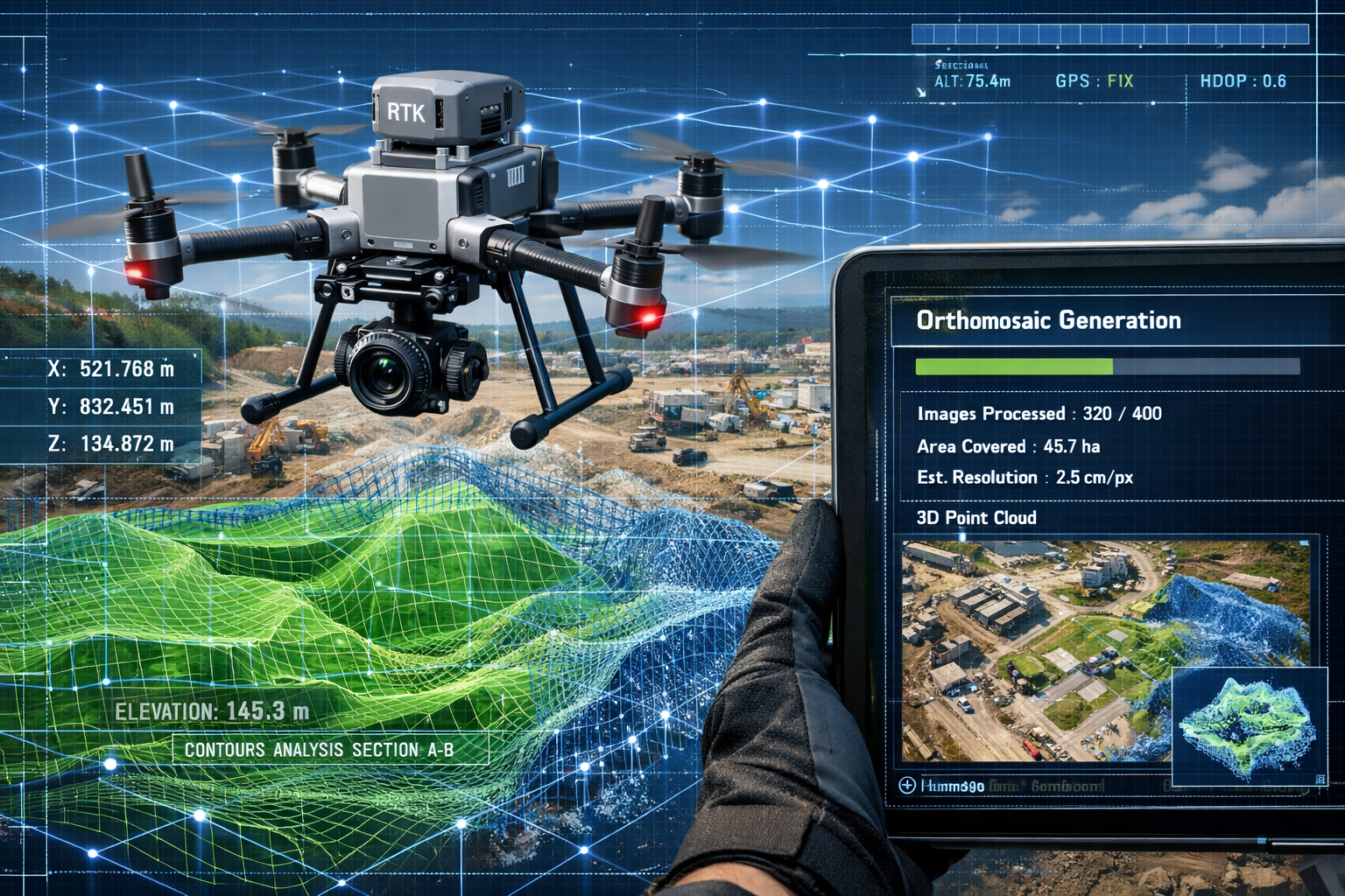 Detailed landscape format (1536x1024) image showing close-up of professional survey-grade drone equipped with RTK positioning system and hig