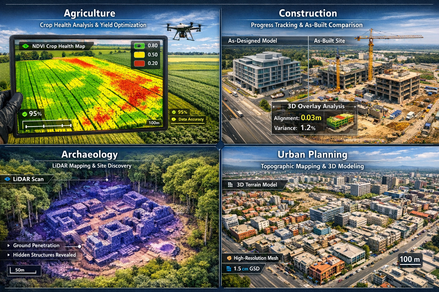 Detailed landscape format (1536x1024) image showcasing real-world drone surveying applications across multiple industries, quad-panel layout