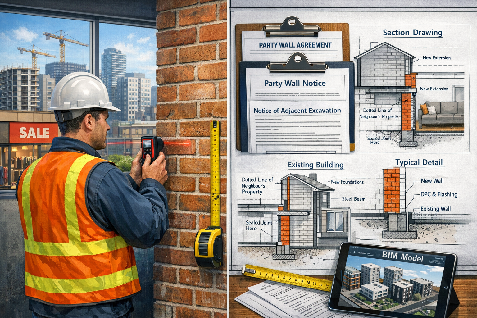 Landscape format (1536x1024) detailed illustration showing party wall survey documentation process in mixed-use development context. Split-s