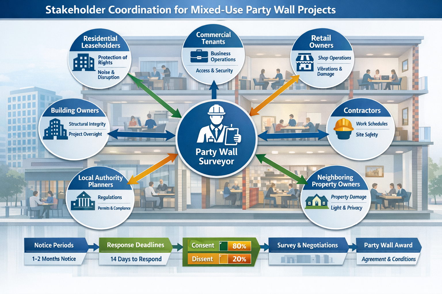 Landscape format (1536x1024) comprehensive infographic visualization of stakeholder coordination matrix for mixed-use party wall projects. C