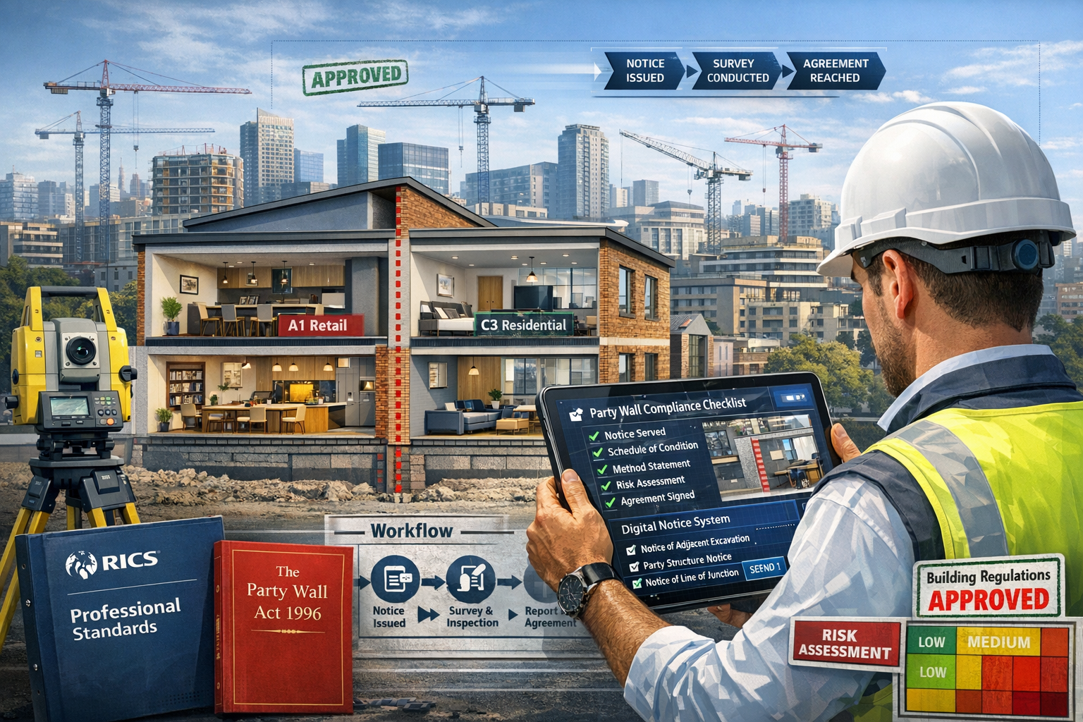 Landscape format (1536x1024) detailed visualization of 2026 regulatory compliance framework for urban intensification party wall surveys. Fo